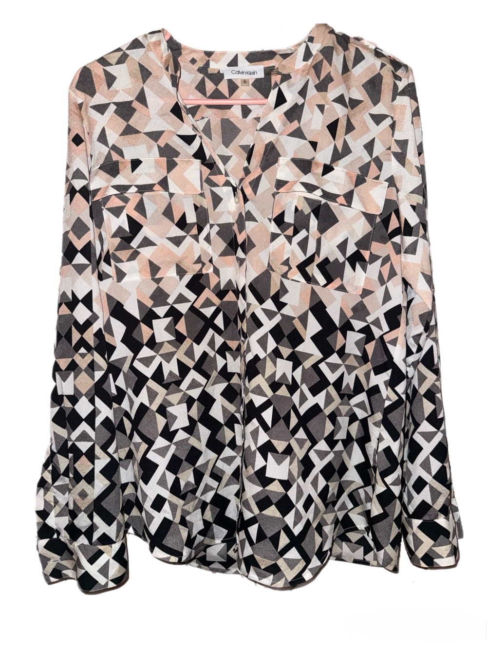 Calvin Klein Geometric Print Button-Front Blouse in Black, White & Blush
